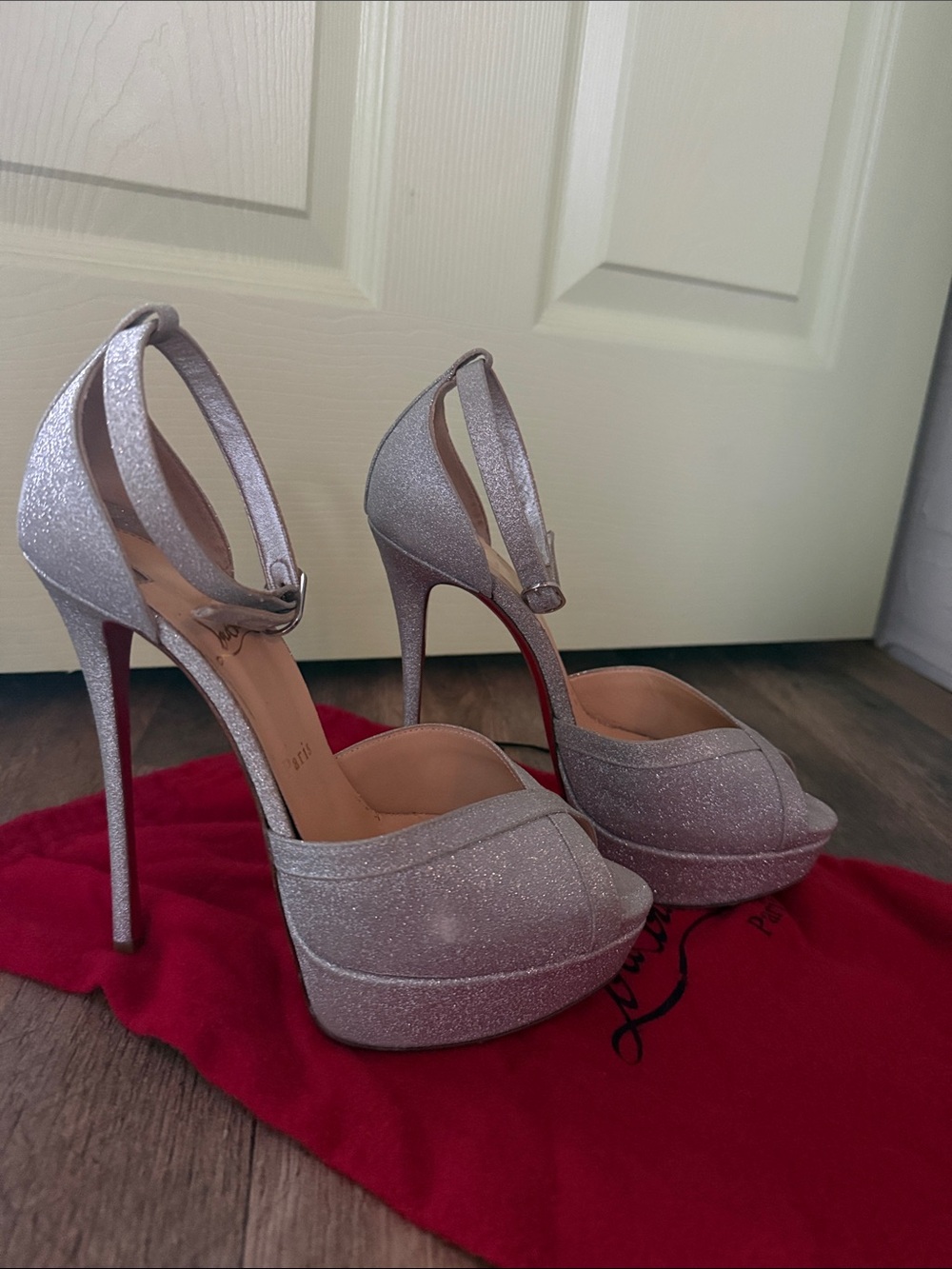 Christian Louboutin Silver Glitter Peep-Toe Platform Stilettos